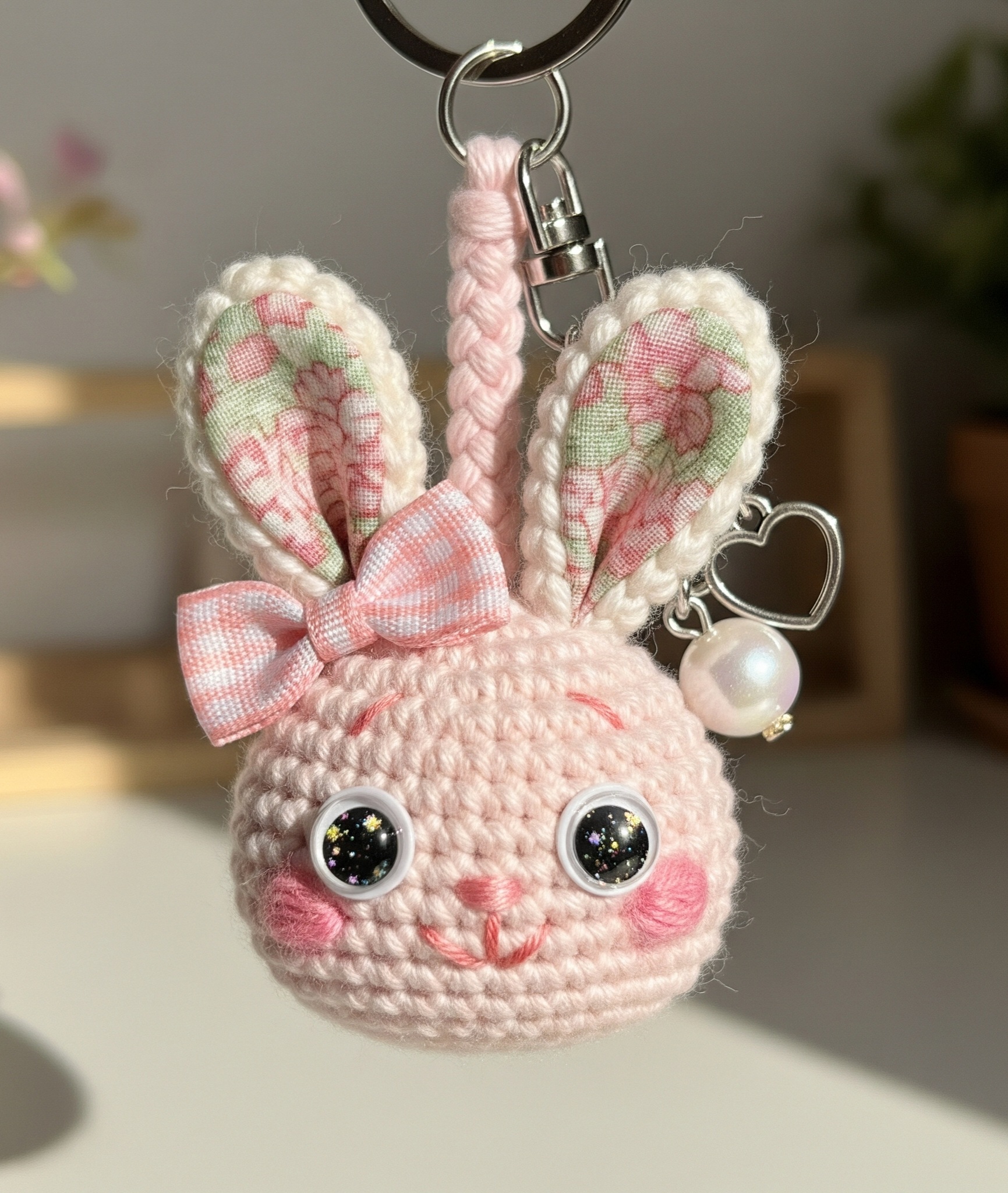 Pink Bunny Head Keychain — Crochet + Fabric Ears