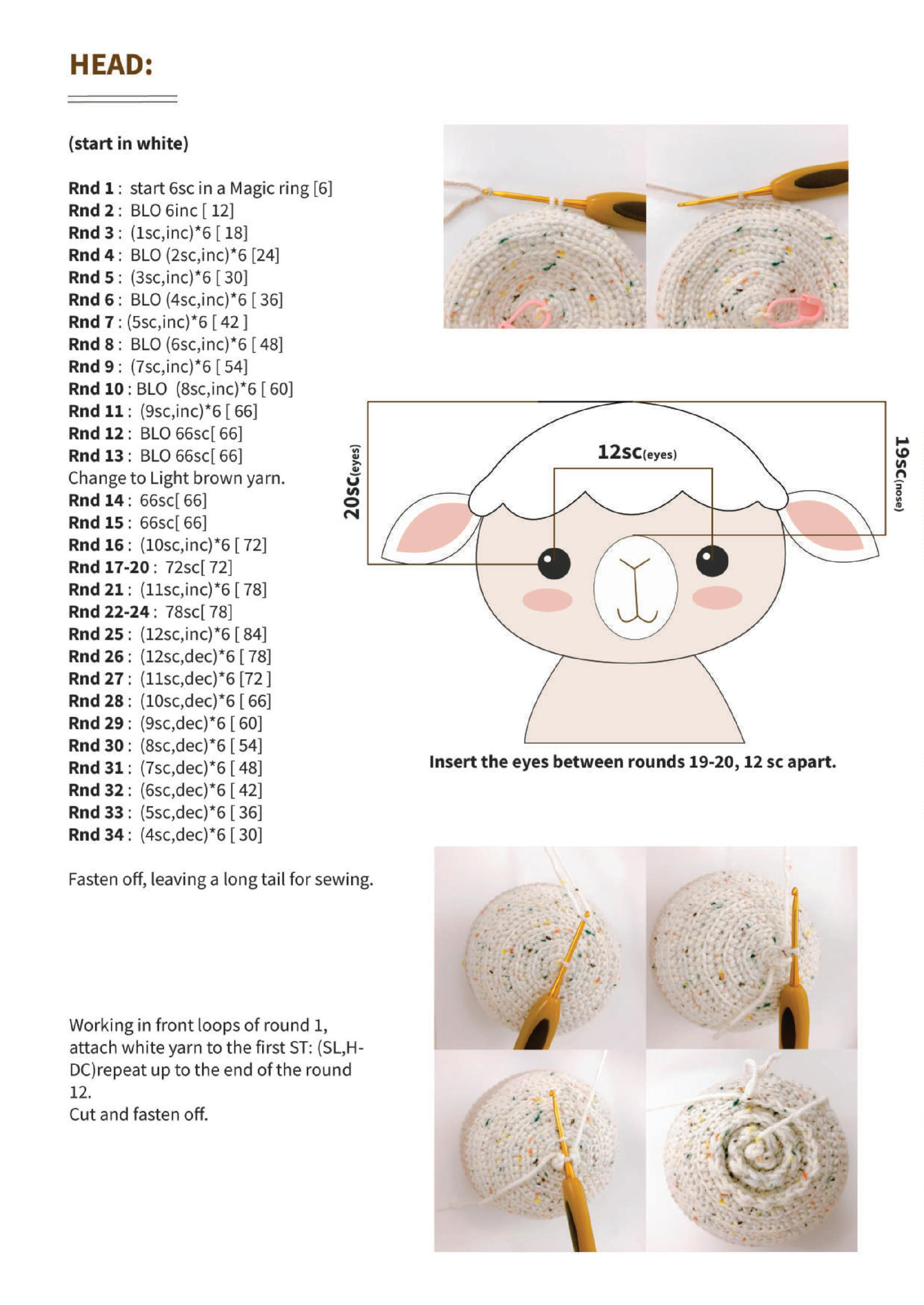 Crocheting the head and marking eye placement