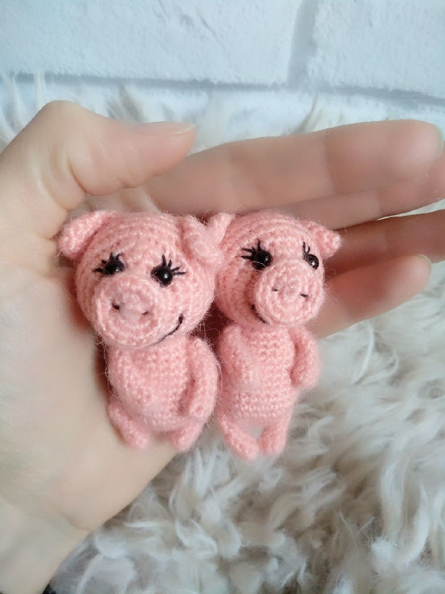 A final cute photo of the finished amigurumi pocket piggy.