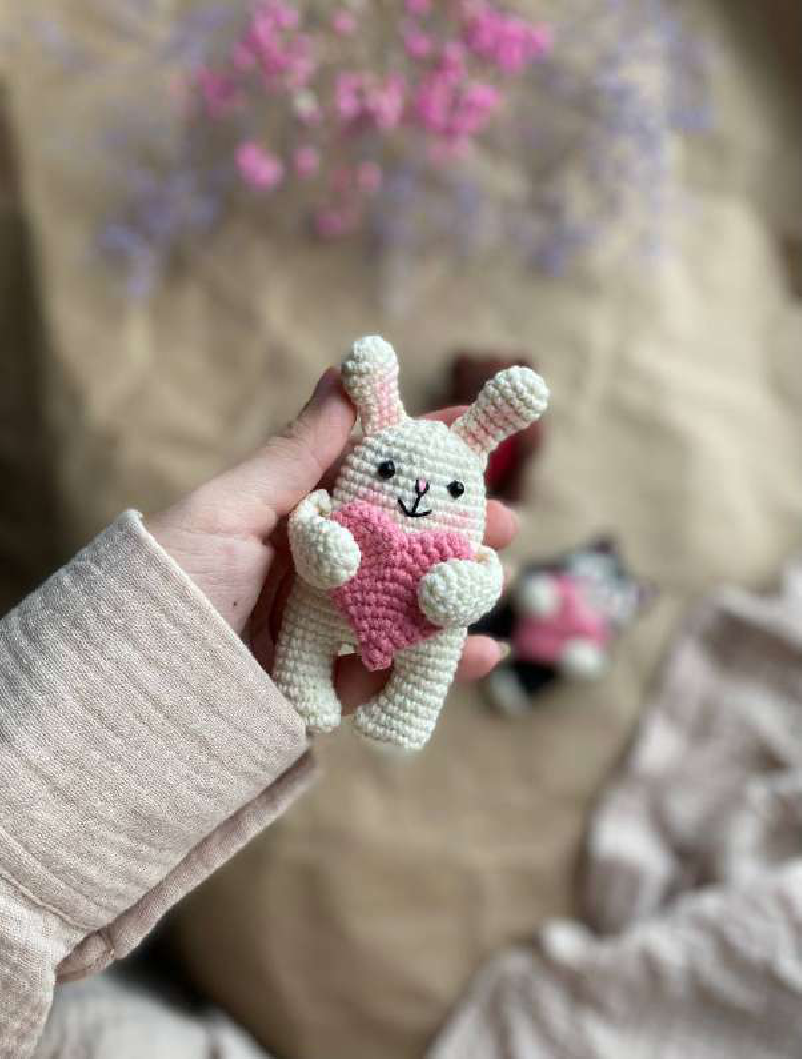A knitted bunny figure