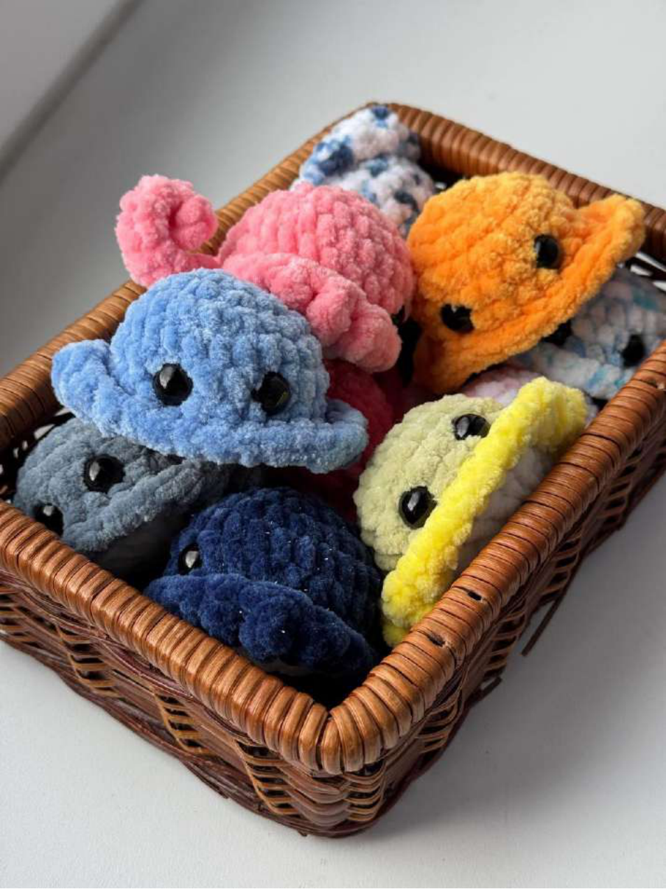 Close-up of a finished crochet stingray, highlighting the textured wings