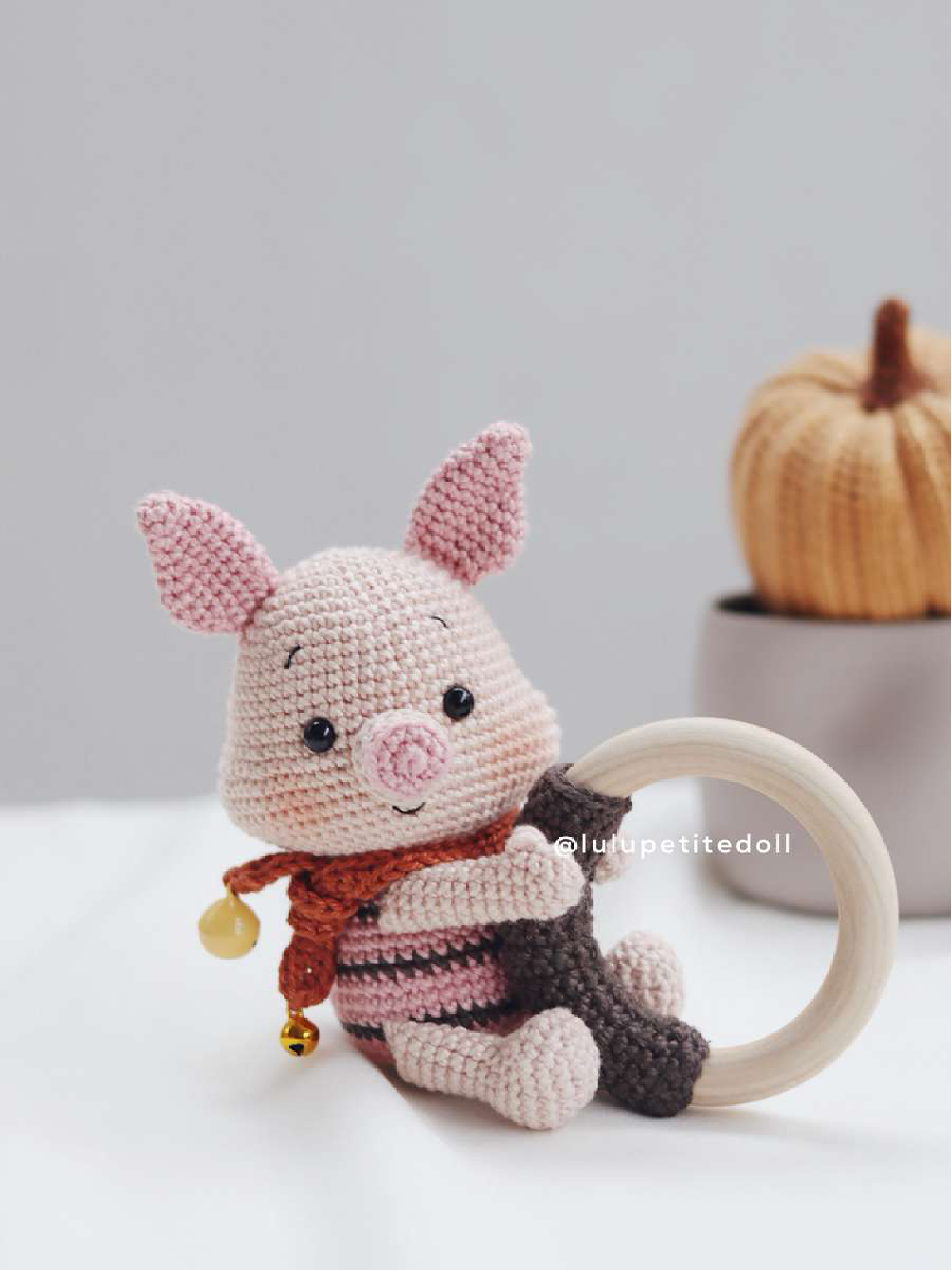 Finished Crocheted Piglet Rattle with Wooden Ring