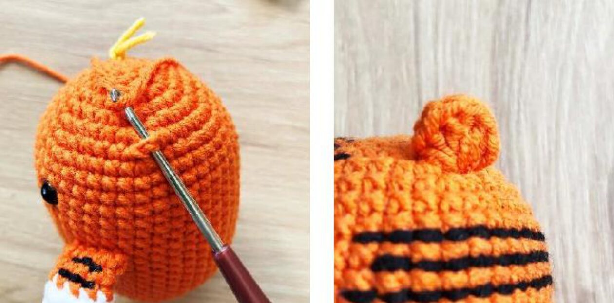 Crochet Tiger Ear in Progress and Completed